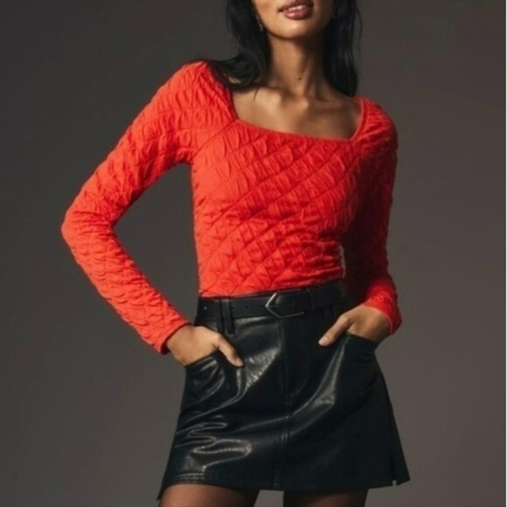 Anthropologie New Maeve Red Modern Popcorn Stretch Knit Top SZ Large Y2K Retro